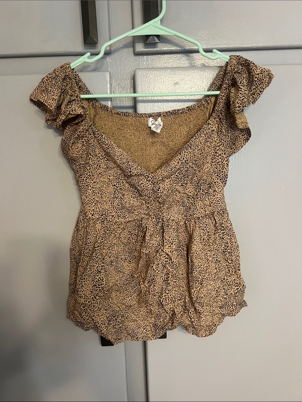 Smocked V-Neck Brown Leopard-Print Peplum Blouse